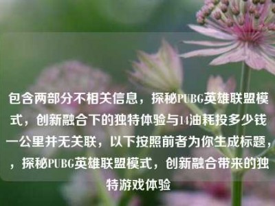包含两部分不相关信息，探秘PUBG英雄联盟模式，创新融合下的独特体验与14油耗投多少钱一公里并无关联，以下按照前者为你生成标题，，探秘PUBG英雄联盟模式，创新融合带来的独特游戏体验