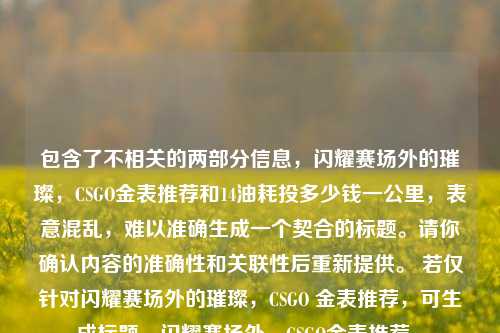 包含了不相关的两部分信息，闪耀赛场外的璀璨，CSGO金表推荐和14油耗投多少钱一公里，表意混乱，难以准确生成一个契合的标题。请你确认内容的准确性和关联性后重新提供。 若仅针对闪耀赛场外的璀璨，CSGO 金表推荐，可生成标题，闪耀赛场外，CSGO金表推荐 。